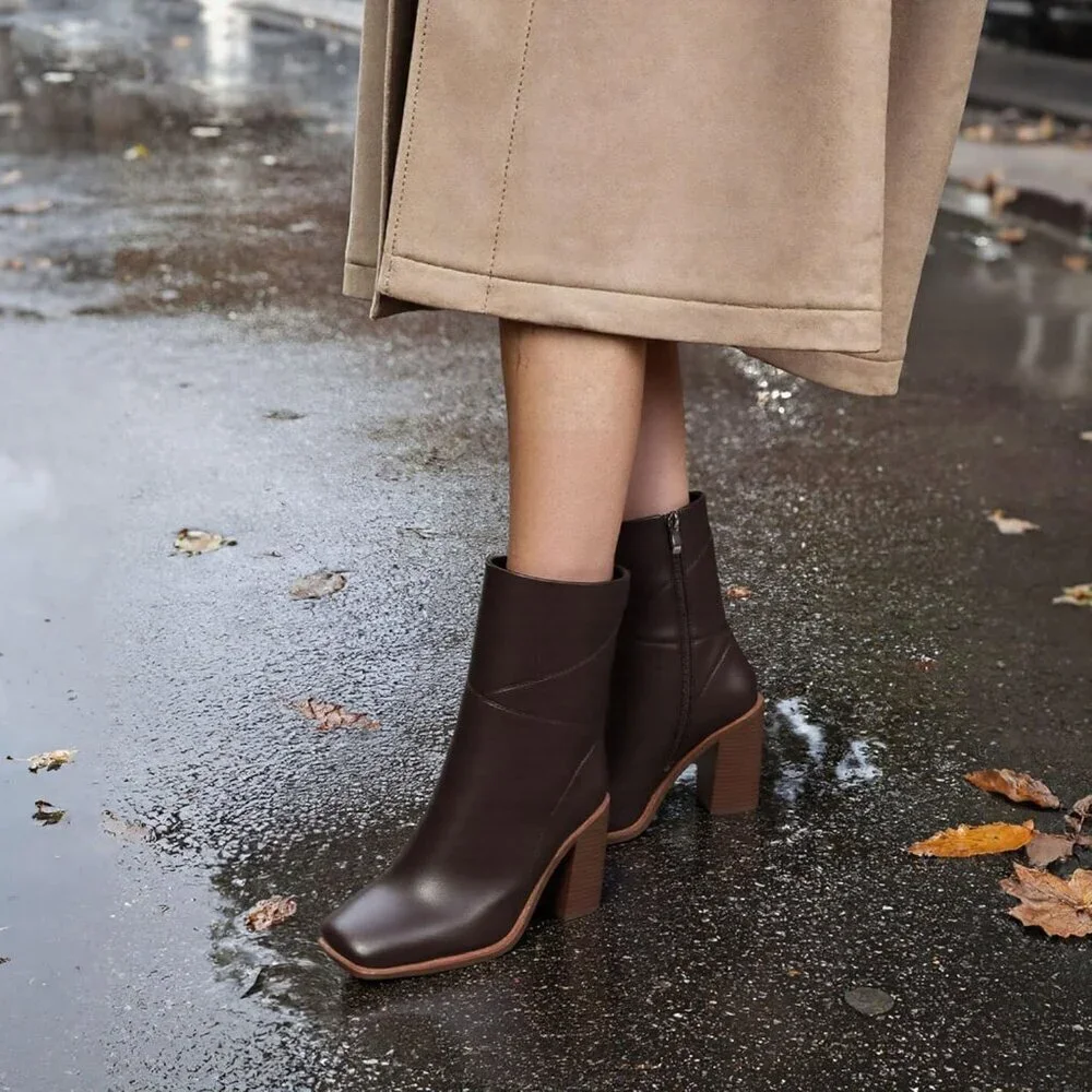 Women's Brown Ankle Boots Chunky Heel Square Toe Side Zipper Casual Booties